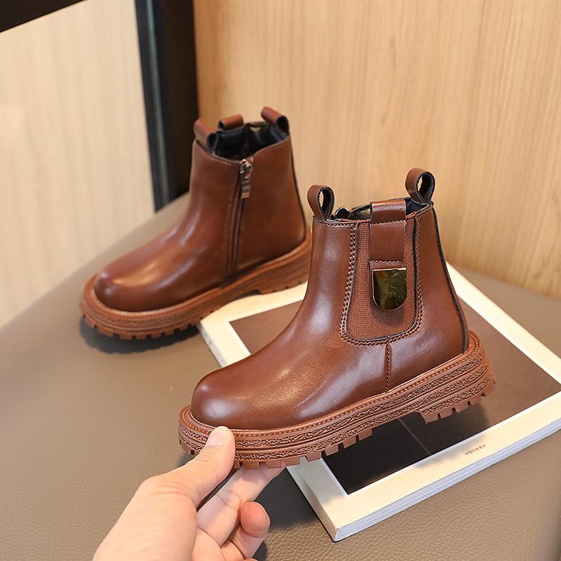 Fashion Boy Girl Short Boots Non-Slip British Style Boots Children's Side Zipper Design Single Boots Leather Boots Anti-skid