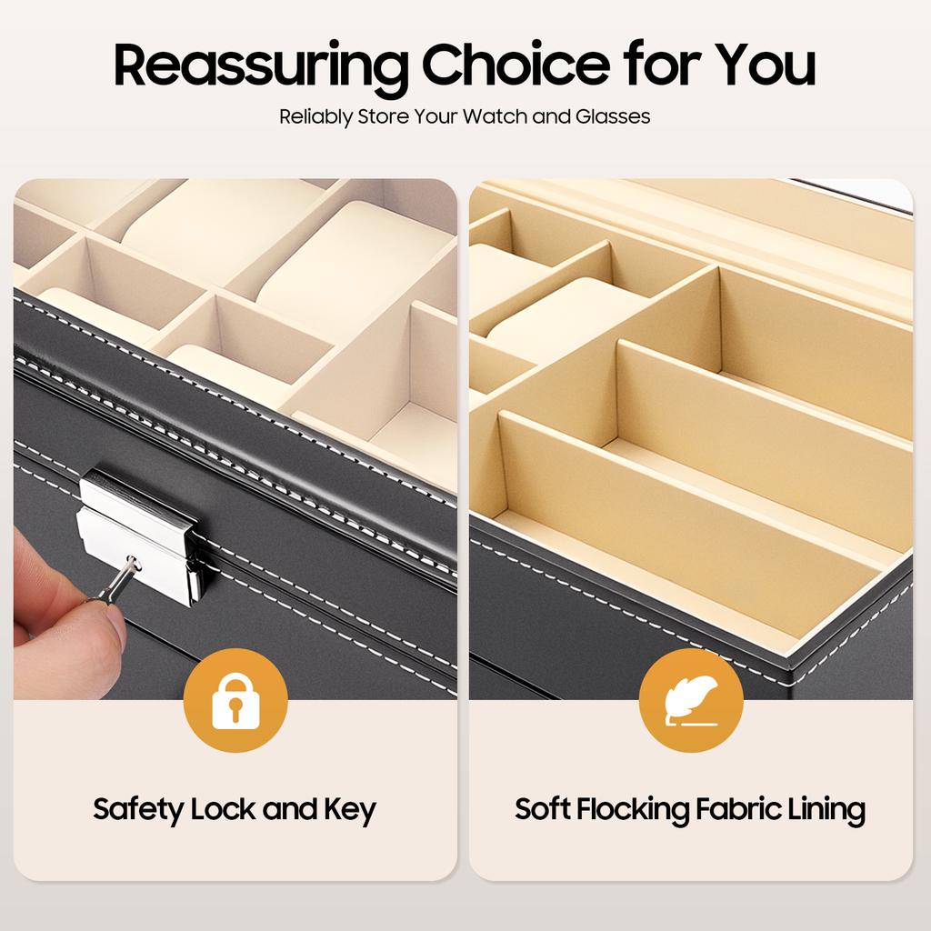 Vintage Watch Box for Men with Lock, 6 Watch 9 Eyeglass Storage Organizer, Wood PU Leather Display Case, Gift for Collector