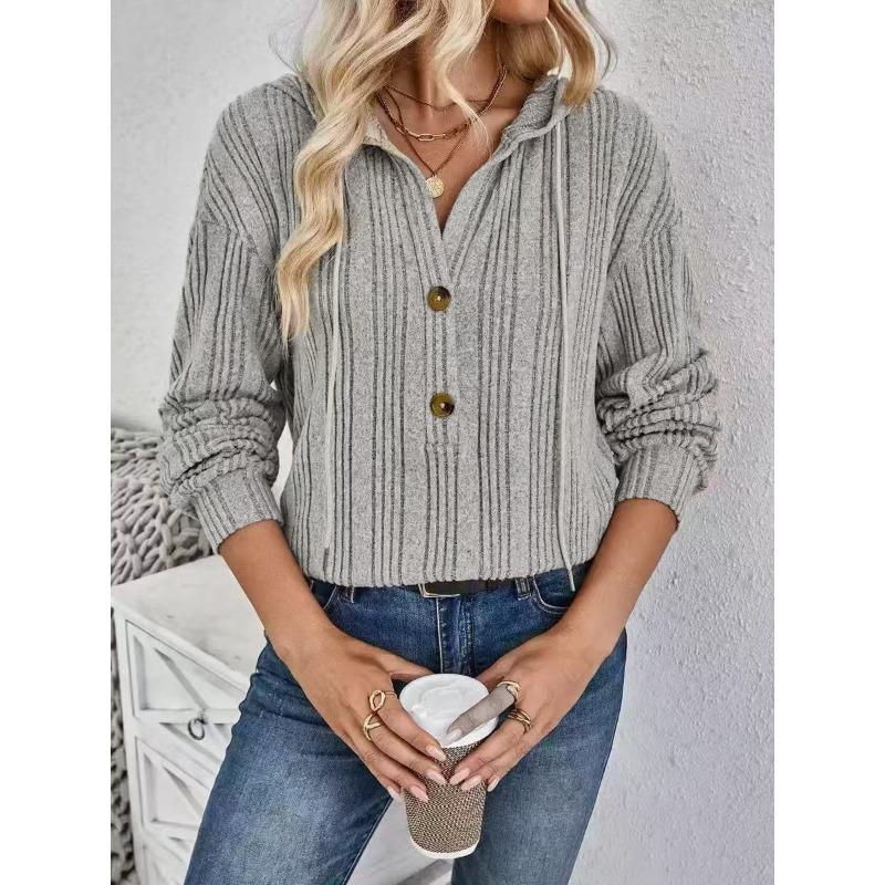 

Women s Striped Ribbed Hooded Blouse Half Button Loose Long Sleeve Casual Daily Wear Pullover Top XXL сірий
