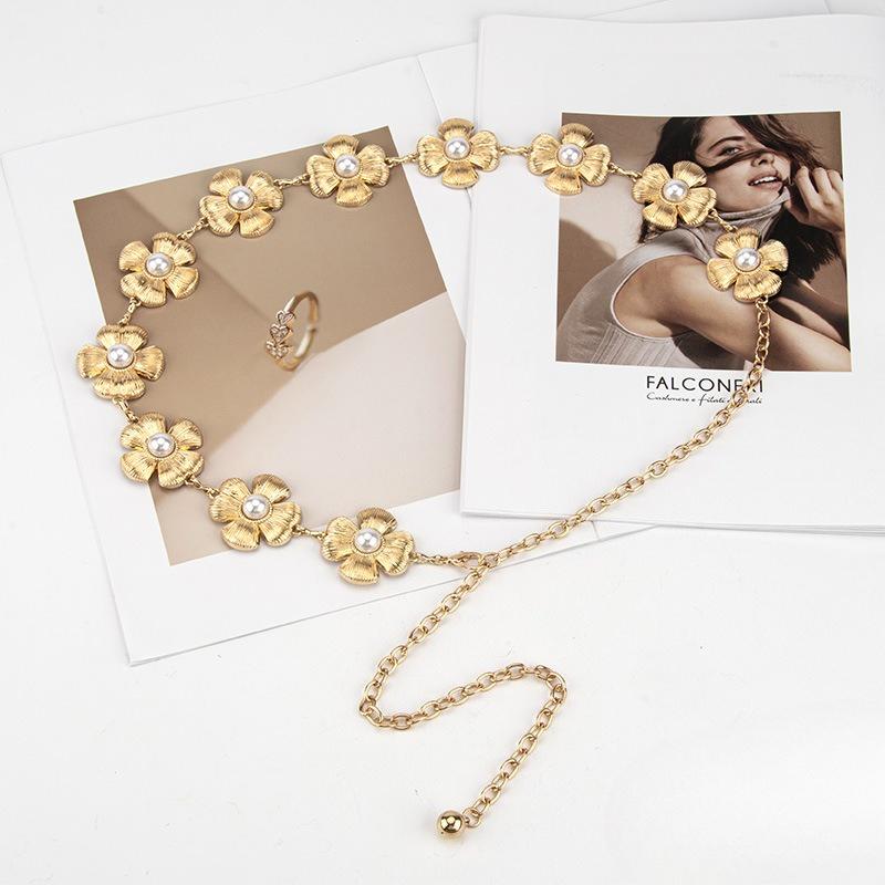 

French Little Flavor Pearl Camellia Metal Decorative Waist Chain Women s Dress Sweet Accessories High-end Bands