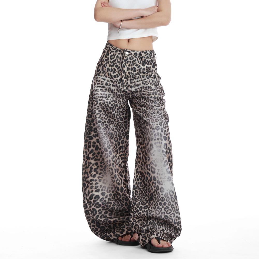 Unisex Retro Leopard Print High Waist Wide Leg Jeans - Trendy American Style XXL