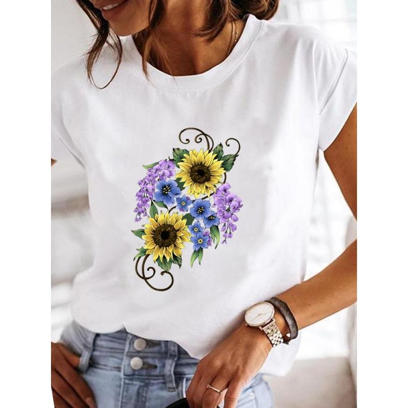 

Весна Лето Женская одежда Love Flower Plant Printed Casual Simple Trend Top Round Neck Чистый хлопок Короткие рукава Футболки женские XXXL