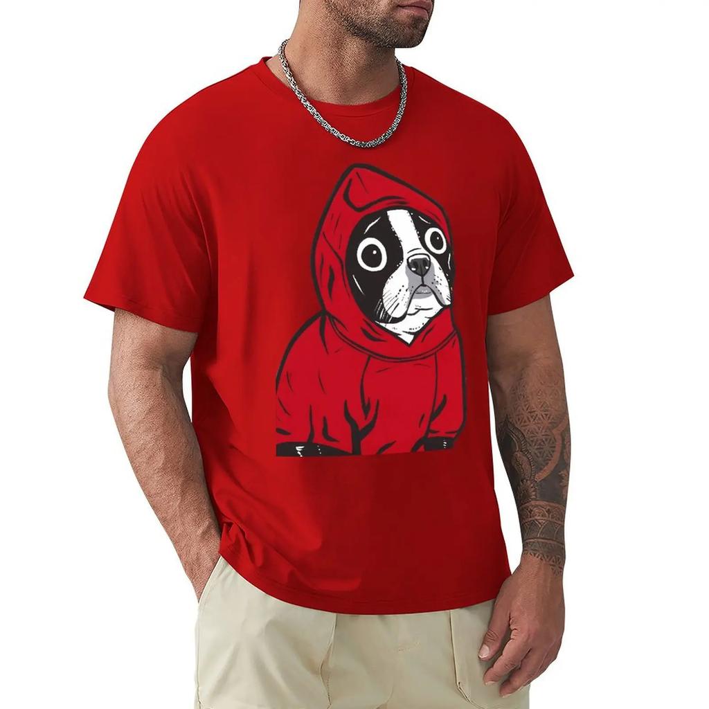 Funny Boston Terrier In A Red Hoodie French Bulldog T-Shirt Men O Neck Pure Cotton T Shirts Funny Dogs Tees Clothing