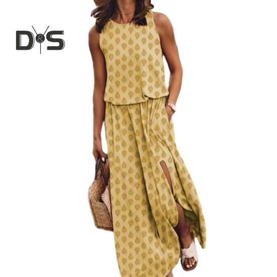 Women's Sleeveless Maxi Dress Casual Crew Neck Elastic Waist Split Long Dress with Pocket Summer Beach Vacation Sundress