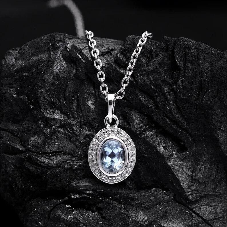 Natural Aquamarine Oval Cut Gemstone Fine Pendant ~925 Sterling Silver Pendant For Mother Wife Fiance