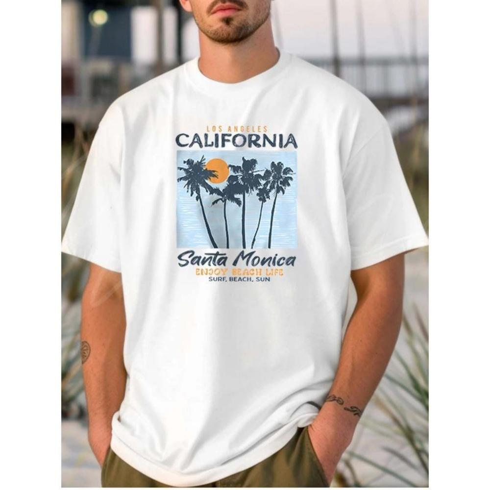 

European Sizes White T - Shirt for Men_ Los Angeles Santa Monica Beach Vibe Print XXXXXL чорний