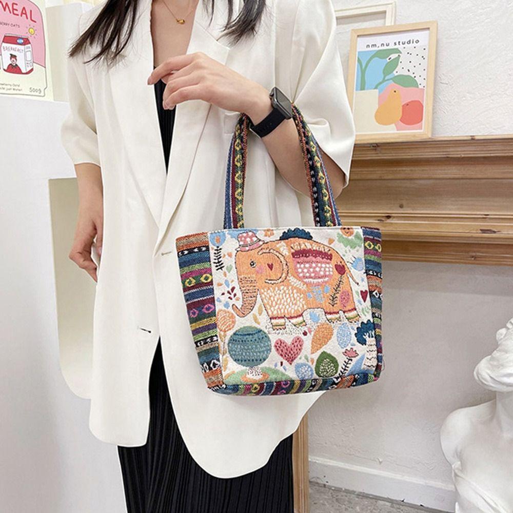 Peacock Canvas Tote Bag Embroidery Elephant Handbag Simple Ethnic Style Handbag  Grocery Handbags