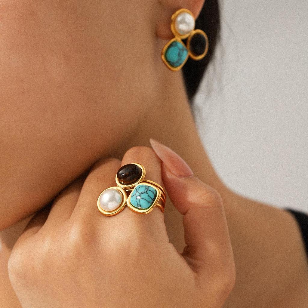 Turquoise Stainless Steel Jewelry Set: Open Ring & Tiger Eye Earrings - Luxurious High-End Look