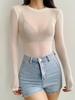 Autumn Women's Slimming Mesh Bodysuit - Sheer Round Neck, Long Sleeve