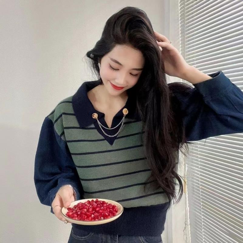 Pulover din denim moale cu gât polo pulover pentru femei toamna/iarna 2023 design sens nișă pulover cu dungi contrastante top femei