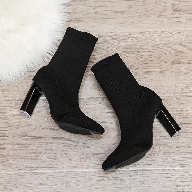 Simple Fashion Stretch Socks Boots Women's High Heels Shoes Knit Socks Boots Skinny Women Pointed Autumn and Winter Bare Boots