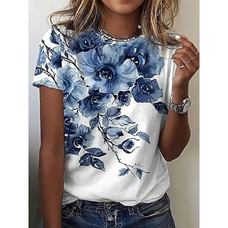 Flower Print Short Sleeve Fashion Versatile Top Comfortable T-Shirts Women’s