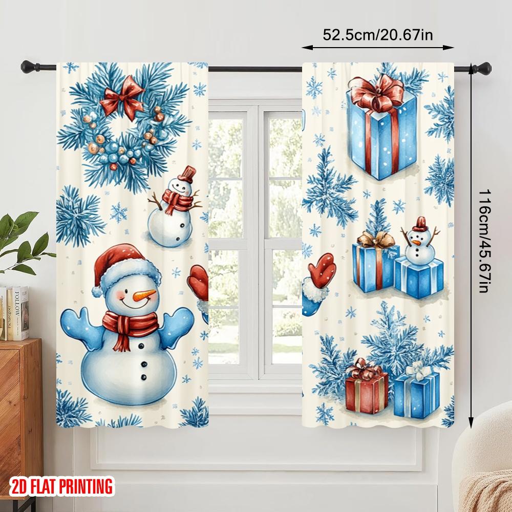 2pcs,2D plane printing Window Curtain Cute Snowman Christmas Wreath Festive Season (3) Versatile 100% Polyester (without rod)
