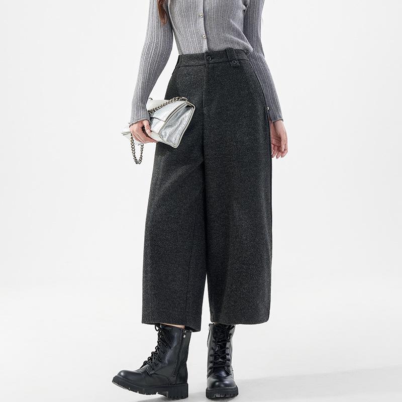 

Women s High-Waisted Black-Grey Wool Blend Wide-Leg Trousers, Plus Size, Autumn/Winter XXL