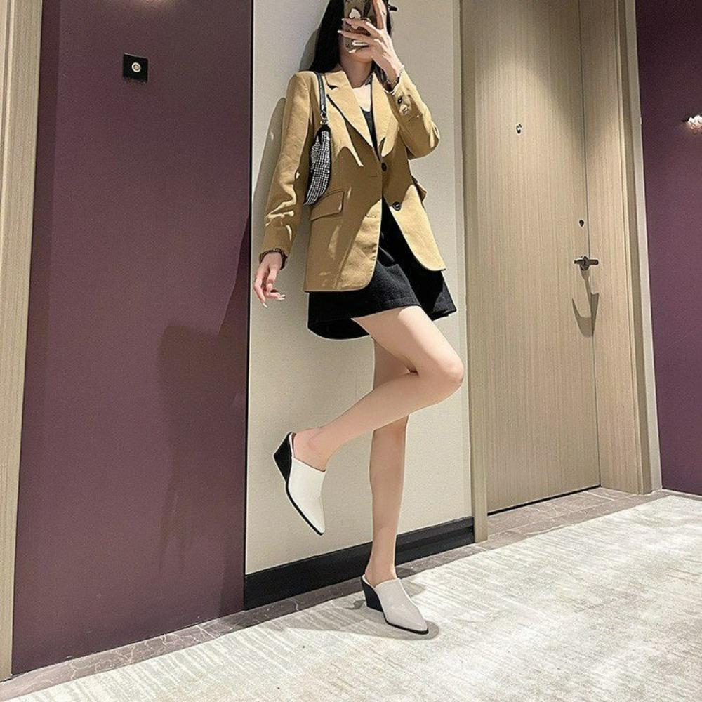 2026 European American Baotou Half Women's Soft Leather Slope Heel High Cool Fashion Outwear Thick Lazy Muller Shoes