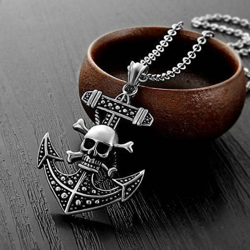 Men's Necklace, Skeleton Boat Anchor Pendant, Men's Hanging Jewelry Pendant, Steel Chain