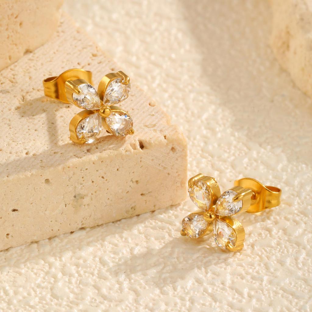 Fashion White Zircon Four-petal Flower Stud Earrings for Women,Gold Color Stainless Steel Waterproof Earrings,Chic Jewelry Gift
