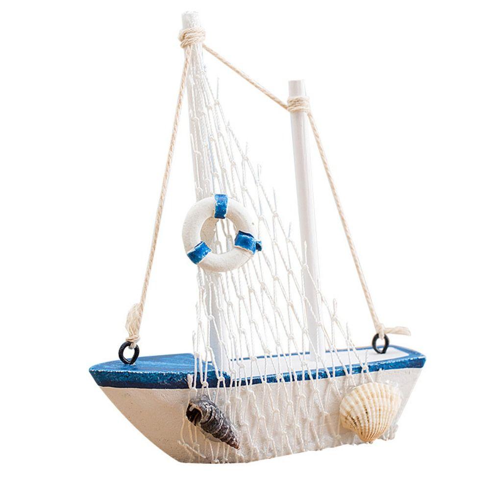 Mediterranean Style Sailing Boat Model Handmade Fishing Net Accent Wooden Sailing Boat Shells Accent Miniature Size