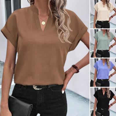 Women Casual Shirt V-Neck Short Sleeve Loose Fit Pullover Tops Office Lady Simple Blouse