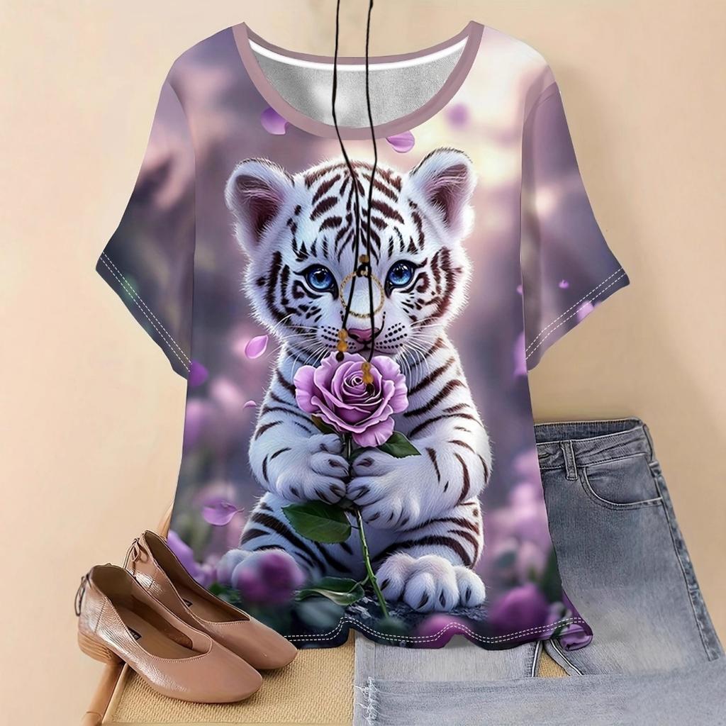 Women's Cute Cat Printed Short Sleeve T-shirt - Soft Peach Red Short Sleeve Top with Round Neck Design for Outdoor Sports