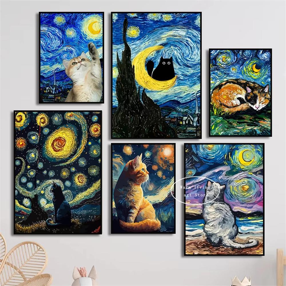 5D Diy Diamond Painting Cross Stitch Embroidery Mosaic Funny Black Cat Flower Van Gogh The Starry Night Full Round Drill Home Decor Wall Art Gift