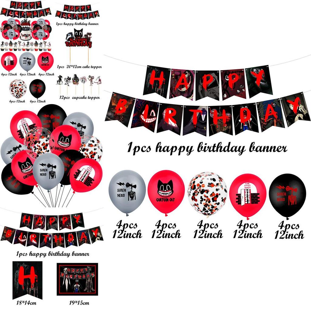 Kit de Decoración para Fiesta de Cumpleaños Temática de Terror Siren Head Dibujos Animados Gato Festivo Con Pancarta