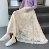 Damen A-Linien langes Kleid Saum Gaze Hohl Plissee Rock Büro Casual Rock Spitzenrock