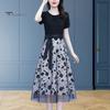 Flower Printed Women Midi Dress Fake Two Piece Mesh Bow-knot Tight Waist Ladies Dating Short Sleeves O Neck Lady Party Summer Female Clothes