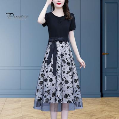 Flower Printed Women Midi Dress Fake Two Piece Mesh Bow-knot Tight Waist Ladies Dating Short Sleeves O Neck Lady Party Summer Female Clothes