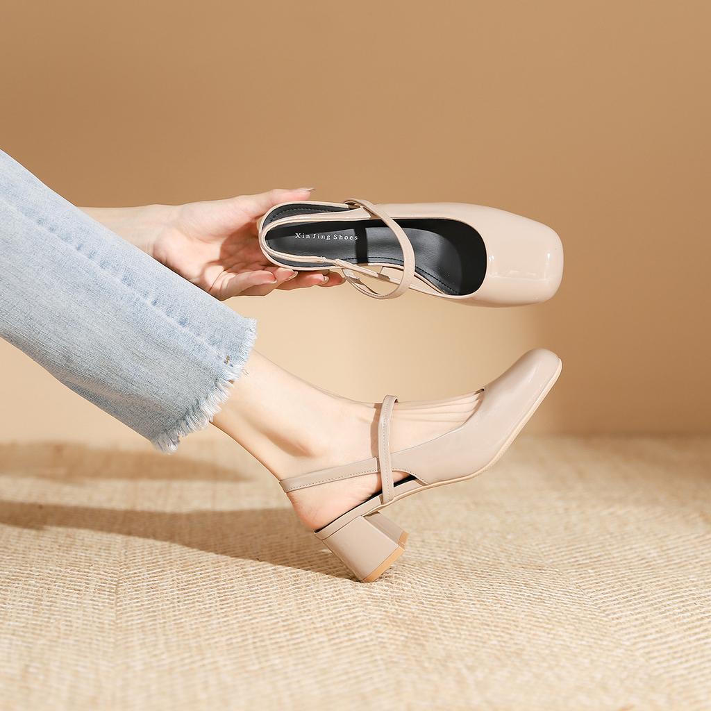 813-3 square head patent leather strap thick heel single shoes women's new French light mouth glossy medium heel single shoes women's shoes