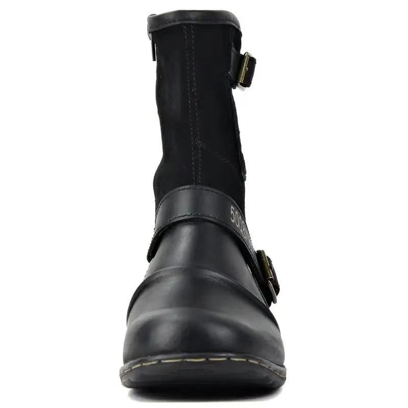 Retro Men Mid-calf Boots Buckle Side Zipper Men Riding Sneakers 2024 Autumn Winter Anti Slip Boots Western Casual Cowboy Boots