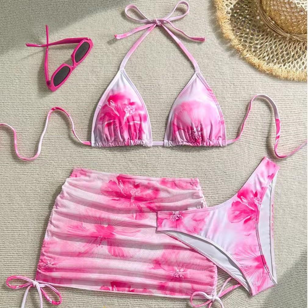 New printed split swimsuit three-piece women's blouse bikini sexy neck strap swimsuit