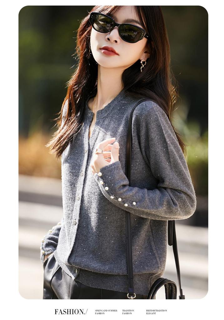 2026 Red Wool Cardigan with Sequins Lurex, Women's Long Sleeve Knit Sweater