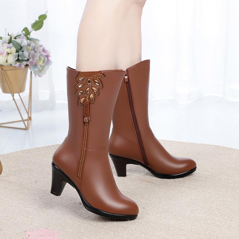 Fashion AIYUQI Women Winter Boots High Quality Cow Leather Long Winter Boots High Heel Wool Warm Female Tassel Boots