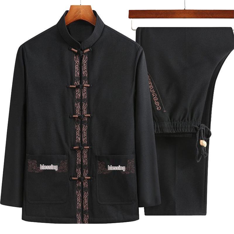 Men's Embroidered Tang Suit Set: Long Sleeve Hanfu Overcoat for Spring & Autumn