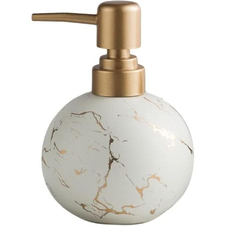 Gold Soap Dispenser for Bathroom or Kitchen, Cute Marble Round Ceramic Lotion Bottle, Rust-Free Pump(White)