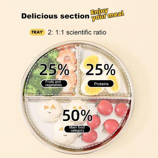 Stainless Steel Dinner Plates Silicone Suction Divided Serving Tray Stackable Breakfast Plates Kids Snack Tray Lunch Container for School