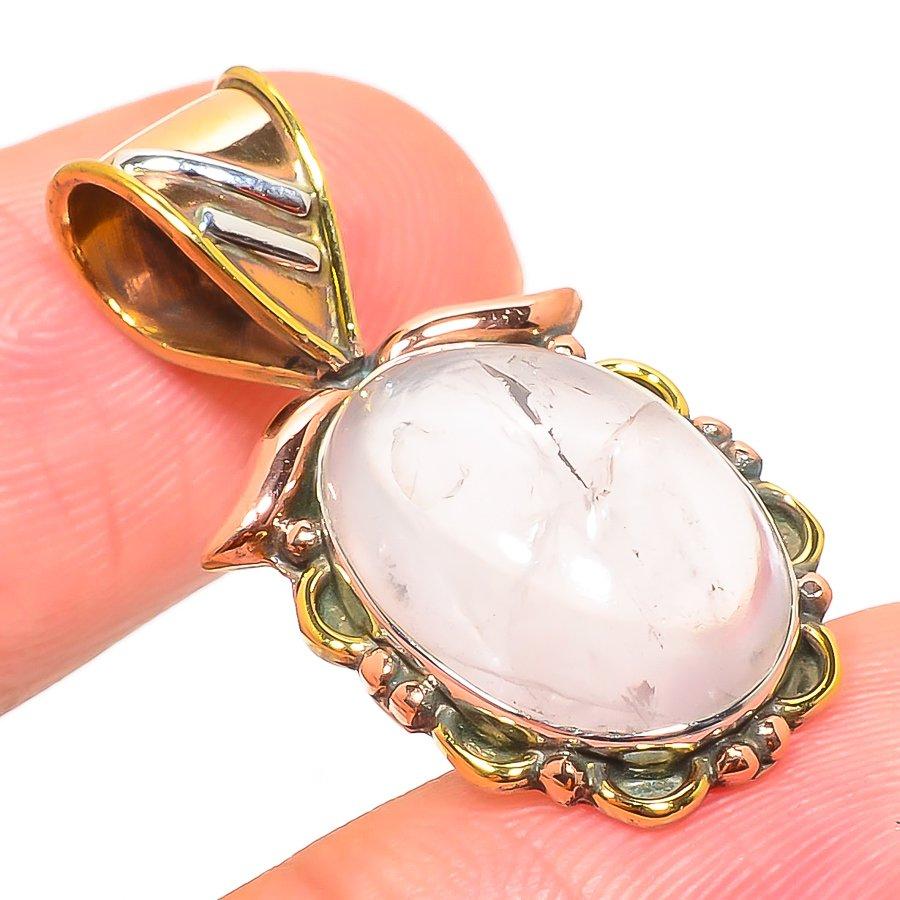 Natural Rose Quartz TwoTone 925 Solid Sterling Silver Jewelry Pendant 1.25" B0u12