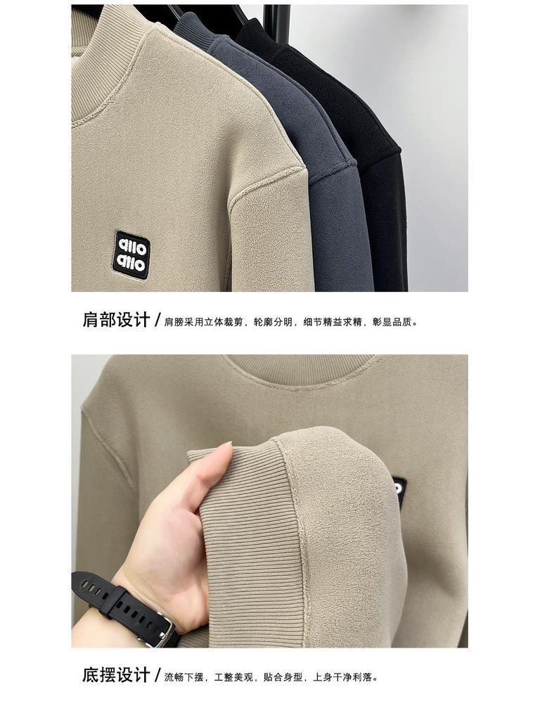 Men's Heavyweight Alpaca Wool Hoodie with Velvet Lining, Fleece-Lined, Versatile Round Neck Base Layer Shirt