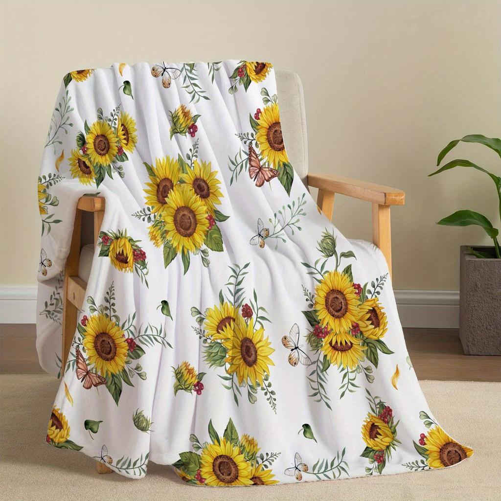 1pc Vintage Sunflower Pattern Blanket, Polyester Fabric, Machine Washable, Suitable for Bedroom Living Room Decoration