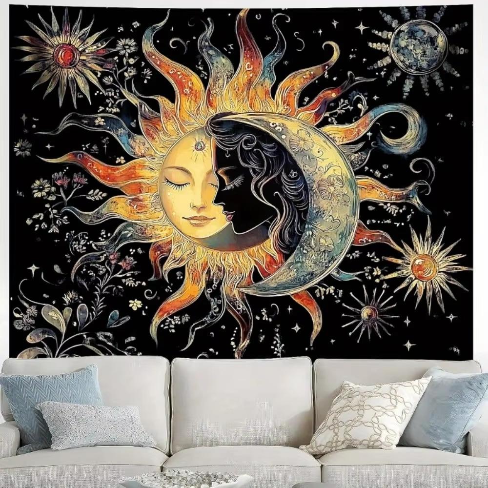 Celestial Sun and Moon Tapestry 1Piece Star  Floral Pattern Wall Hanging Decor for Living Room Bedroom Dorm Aesthetic