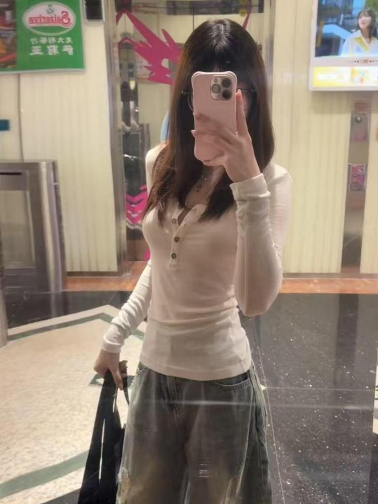 Rayon Plain V-neck Spicy American Style Long Sleeve T-shirt for Women - Early Autumn White Top