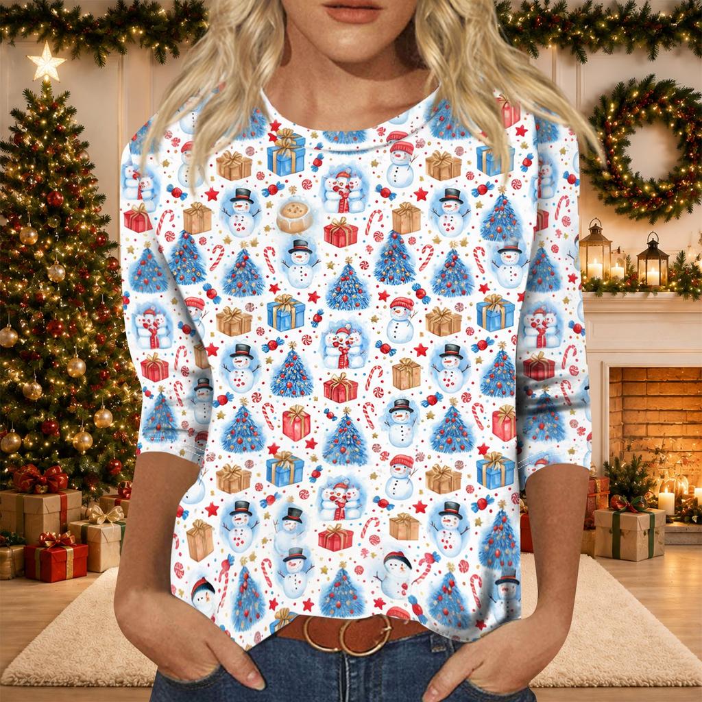 Women's Casual Three-Quarter Sleeve Christmas Print Neck Top for Giving