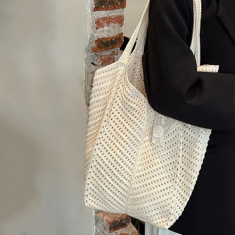 Yogodlns Solid Color Crochet Tote Handbag Summer Beach Scarf Decor Fashion Women's Mesh Woven Shoulder Bags Large Capacity Knitting Underarm Bag