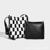 Vacation Style Niche Woven Bucket Bag, Women's New Fashionable Black and White Grid Single Shoulder Bag, Crossbody Bag, Large Capacity