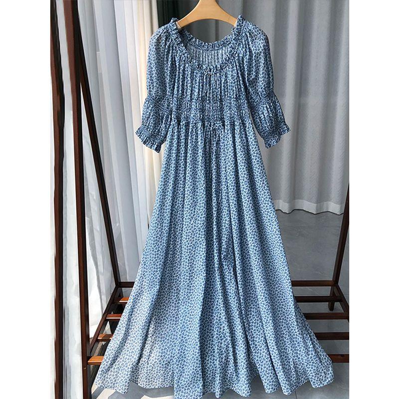 

Beautiful Pastoral Voile Floral Dress! Retro Puff Sleeve Stringy Selvedge Lace-up Cotton Short Sleeve Dress 24 Summer Broken flowers L/40