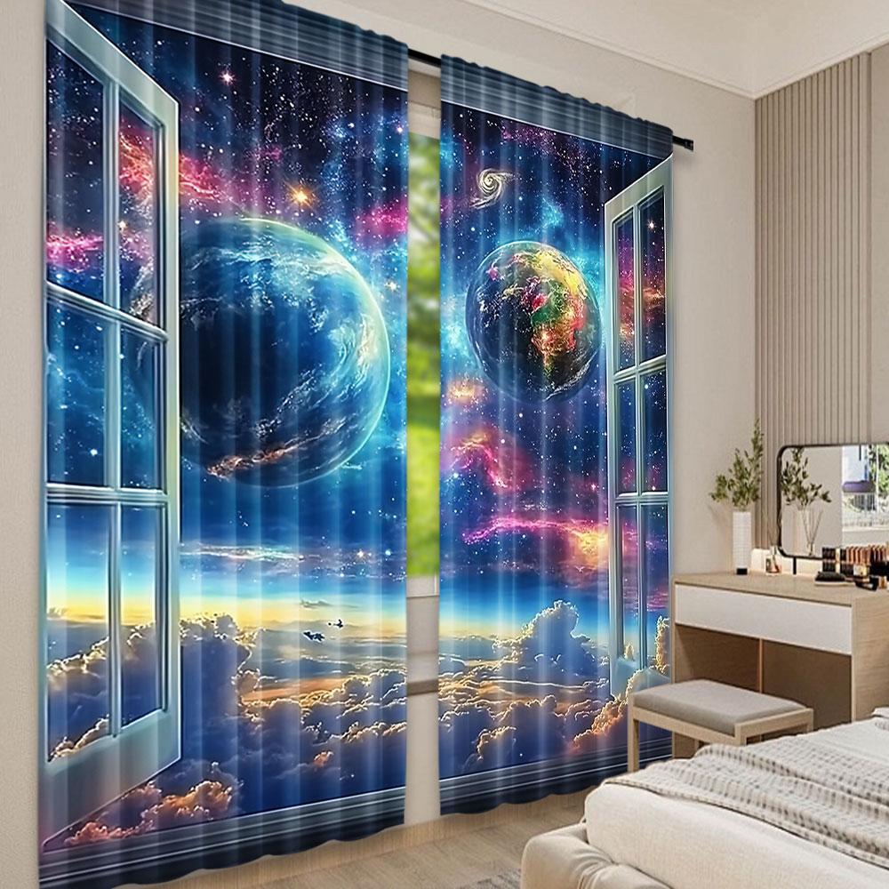 2Pcs Space Galaxy Curtains Universe Nebula Galaxies Solar Planet Suitable For Bedroom Living Room Dining Room And Bathroom