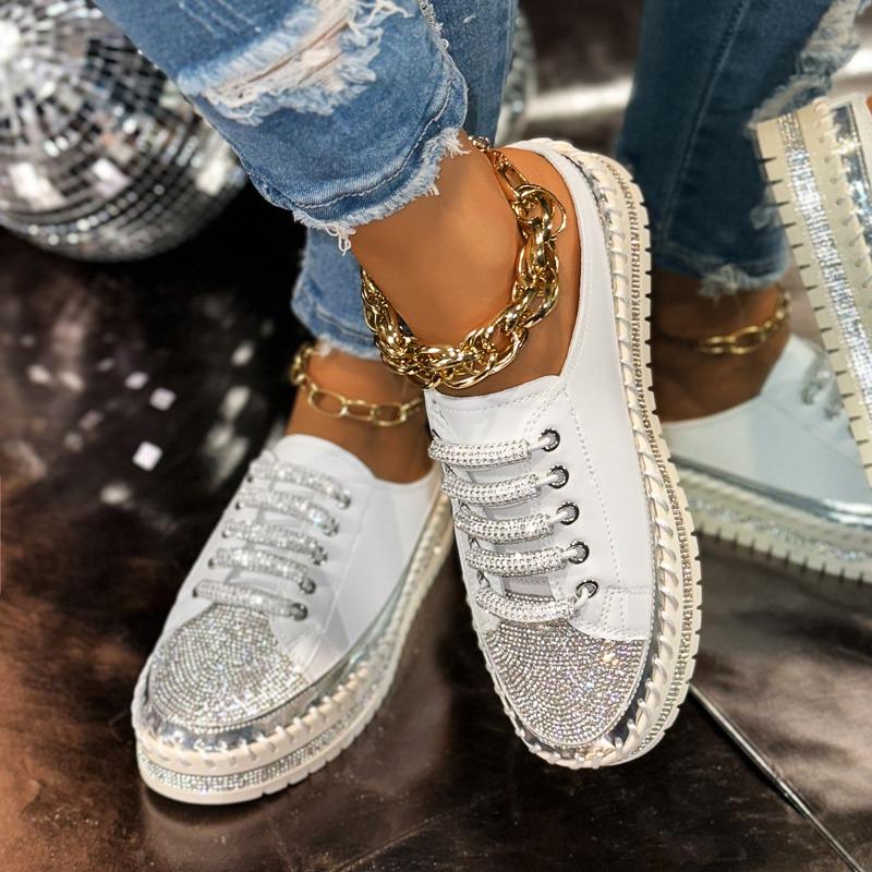 Igh Hels Spring and Summer Muffin Platform Casual Shoes Women's Round Head Rhinestone Shoes Half Slippers Women's Shoes