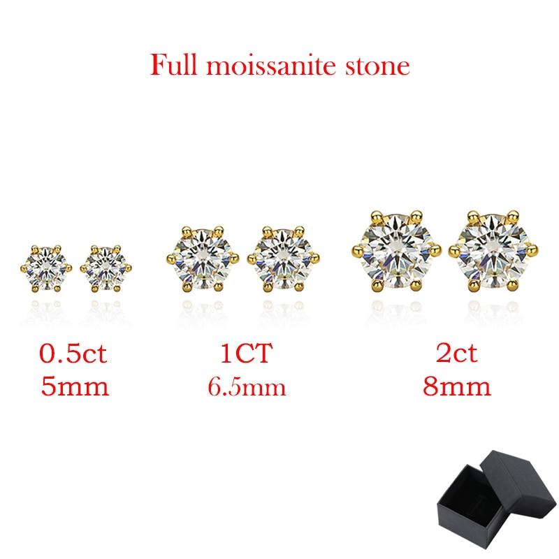 Barva D 0,5-2CT D VVS1 Pravé moissanitové náušnice puzety pro ženy Laboratorní diamantové náušnice puzety 100% stříbro S925 pozlacené 18K zlatem