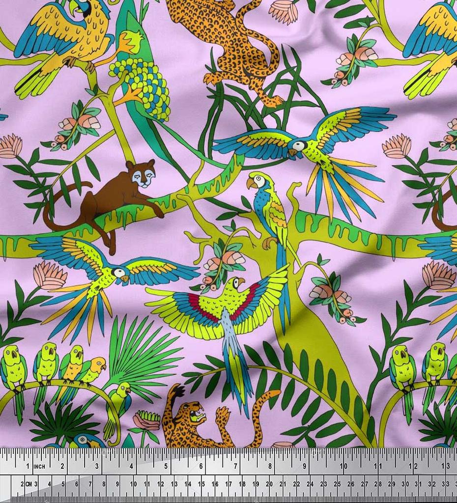 Soimoi Japan Crepe Satin Fabric Branches,Parrot & Leopard Jungle Print Fabric by the metre 42 Inch